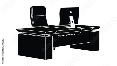 Modern office desk with computer and chair in minimalist black and white illustration for business workspace concept