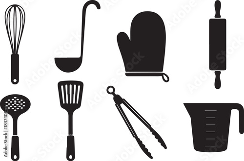 Black silhouette set of essential kitchen cooking tools