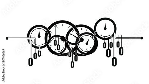 Industrial mechanical gauges meters dashboard with multiple dials and needles on metal rod technical industrial equipment concept