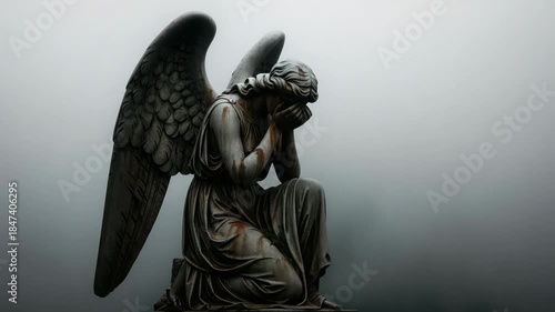 Mysterious Angel Statue Weeping in Dense Fog Evokes Sadness and Reflection