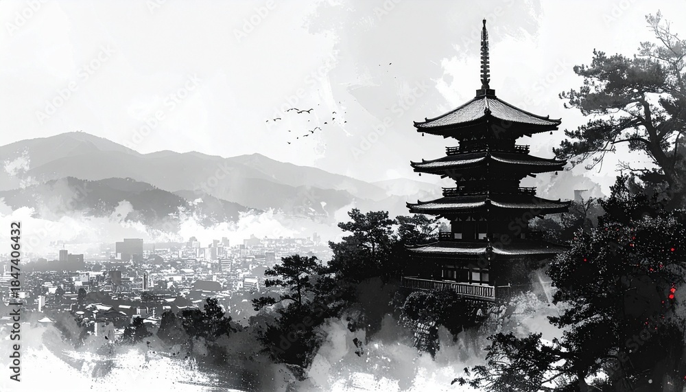 Obraz premium 清水寺と京都市街を描いた墨絵風景
