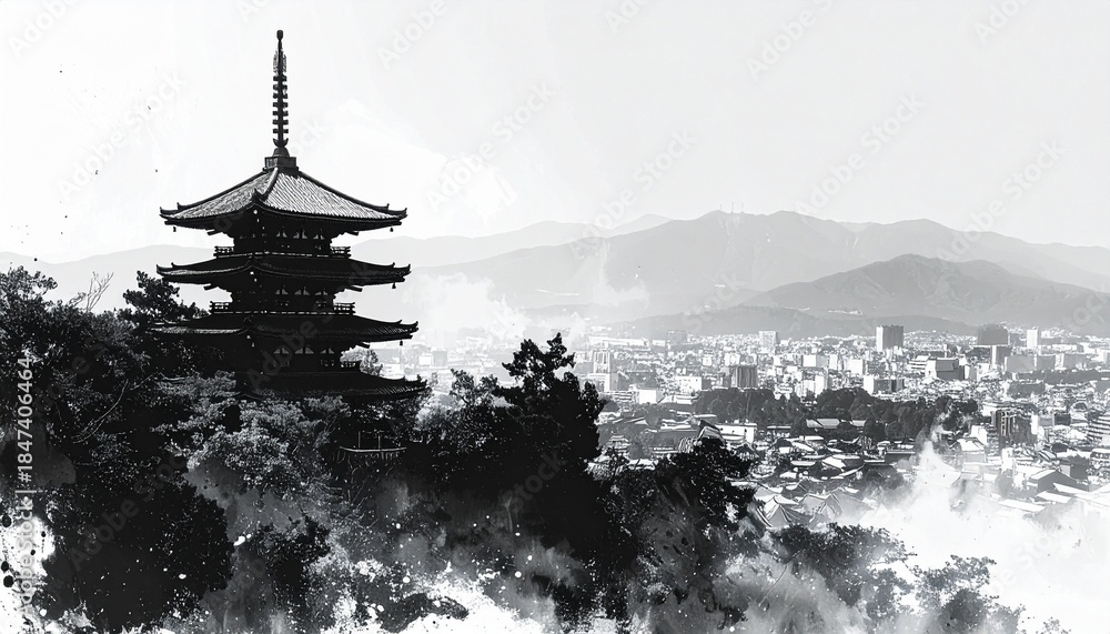 Obraz premium 清水寺と京都市街を描いた墨絵風景