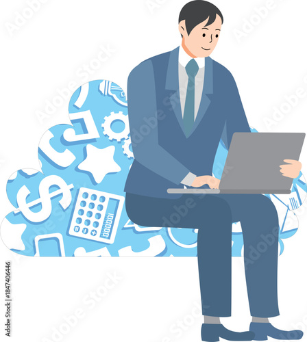 Business Man Using Cloud Services on Laptop / Hombre de Negocios Usando Servicios en la Nube con Laptop / Homem de Negócios Usando Serviços de Nuvem no Laptop