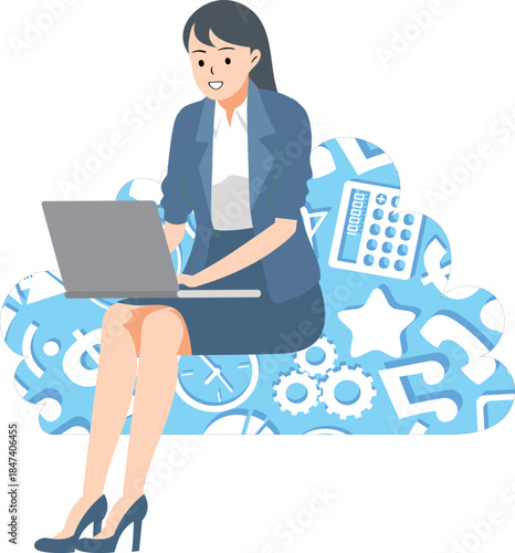 Business Woman Using Cloud Services on Laptop / Mujer de Negocios Usando Servicios en la Nube con Laptop / Mulher de Negócios Usando Serviços de Nuvem no Laptop