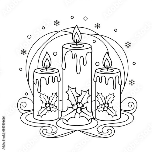 Christmas candles with holly leaves illustration for holiday season coloring