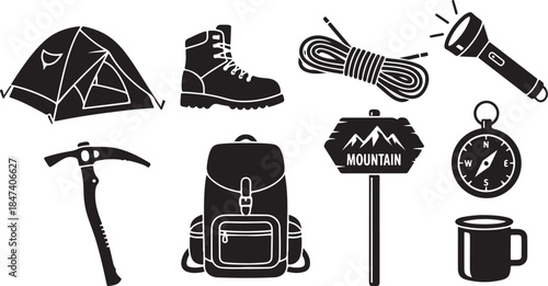 Essential black and white camping gear icons set