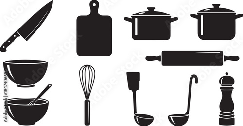 Collection of black kitchen utensil icons for cooking