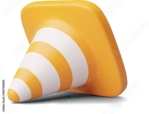 Traffic cone barrier 3D vector icon, realistic caution sign orange with white stripes road traffic cone lies on its side