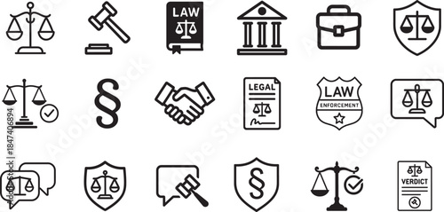  Legal and law icon set with justice symbols. Vector EPS for law firms and documents.