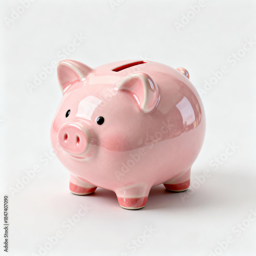 Fototapeta Naklejka Na Ścianę i Meble -  A pink ceramic piggy bank with a glossy finish, isolated on a white background. Designed for saving money, it features a classic pig shape with a coin slot and decorative pink accents on its feet.
