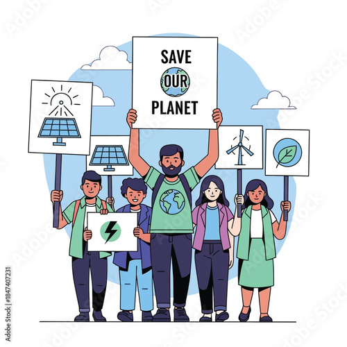 Diverse group of people protesting for environmental awareness and sustainability