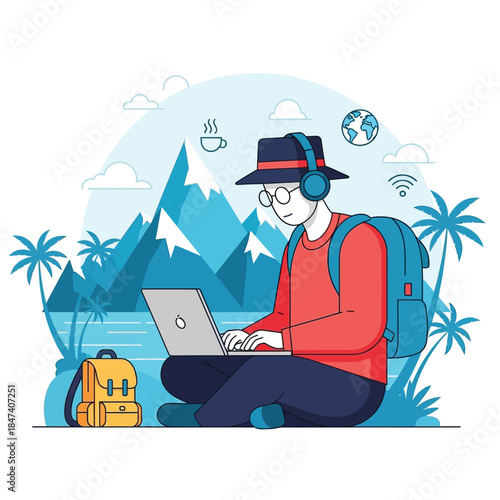 Remote worker enjoying tropical getaway with laptop and headphones on