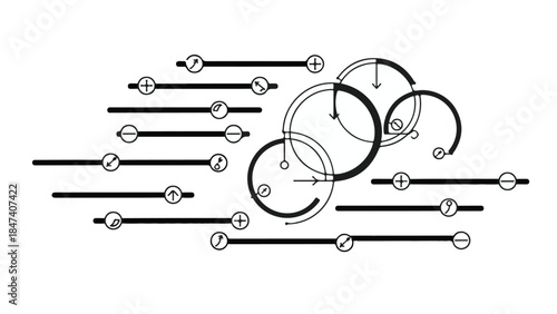 Technical drawing of mechanical system with lines, circles, and arrows on white background for engineering, design, and technology concepts