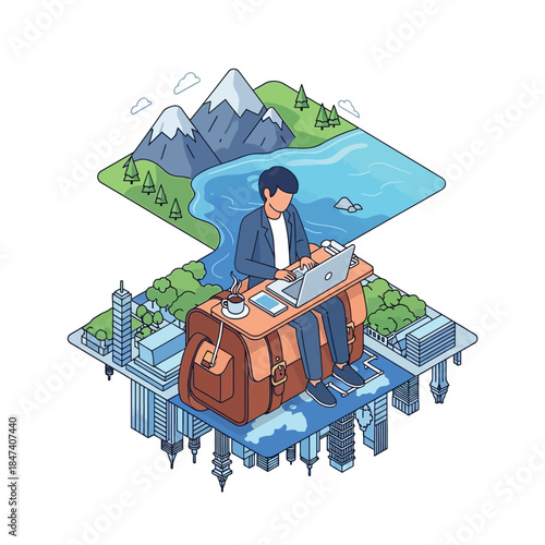 Remote worker enjoying flexible work environment with laptop and coffee