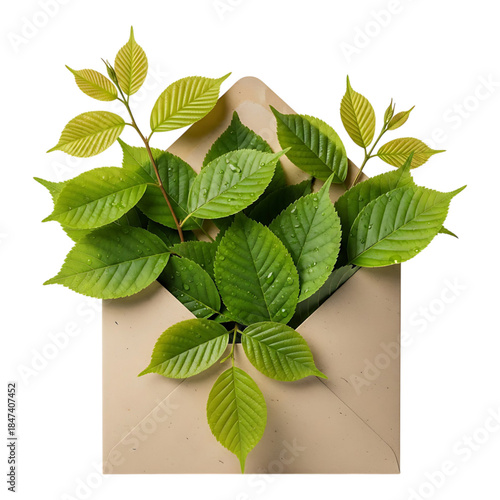 Green leafy branches arranged on brown envelope isolated on white background showing freshness and botanical design