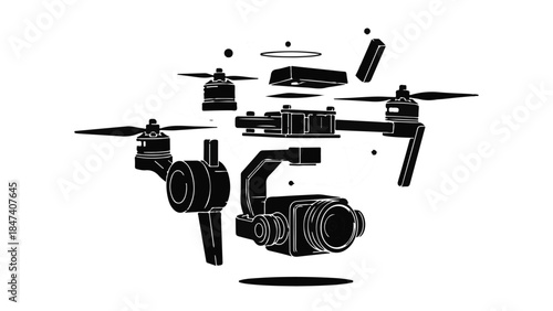 Disassembled drone with camera components separated, modern technology concept for innovation and gadget design