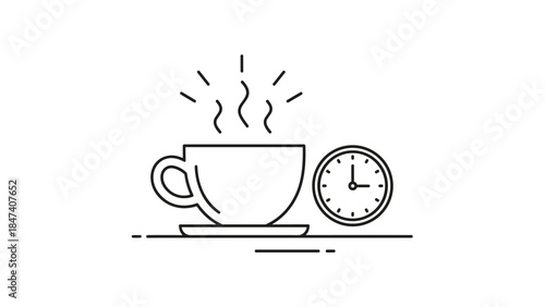Steaming cup of coffee next to clock on table, Generative AI.