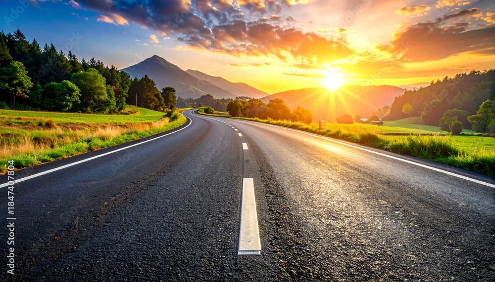 Naklejka premium beautiful sun rising sky with asphalt highways road in rural scene