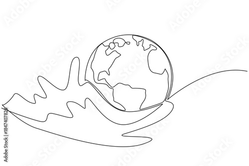 Single line drawing shows the planet Earth resting gently in flowing ocean waves, symbolizing care for marine life. A meaningful nature concept artwork for World Oceans Day awareness.