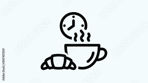 Steaming cup of coffee with croissant and clock, Generative AI.