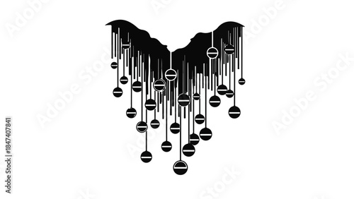 Modern abstract illustration of black wing shape with hanging spheres on white background for creative design concept