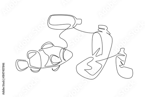 Continuous line drawing of a clownfish swimming among plastic bottles and pollution, highlighting ocean waste issues in a creative vector for World Oceans Day and ecology concept.
