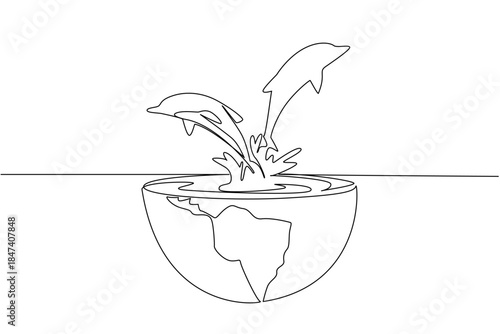 Continuous line drawing shows dolphins joyfully leaping from a half-sphere Earth filled with water, symbolizing ocean vitality. A vibrant nature concept illustration for World Oceans Day.