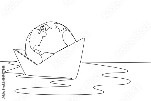 Single line drawing portrays Earth floating inside a paper boat on water, symbolizing ocean fragility and resilience. A unique nature concept artwork dedicated to World Oceans Day celebration.