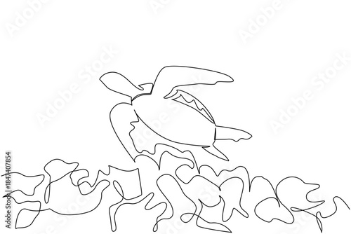 Continuous line drawing of a sea turtle swimming above scattered plastic trash in the ocean, raising awareness of pollution threats for World Oceans Day in an ecology nature concept.