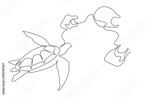Continuous line drawing of a sea turtle swimming near a drifting plastic bag, representing marine pollution awareness for World Oceans Day with a strong environmental nature concept.