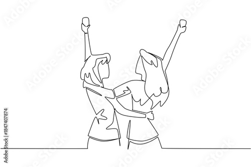 Continuous line drawing of two female best friends hugging and raising glasses in the air, celebrating National Best Friends Day with happiness and excitement in a social lifestyle concept.