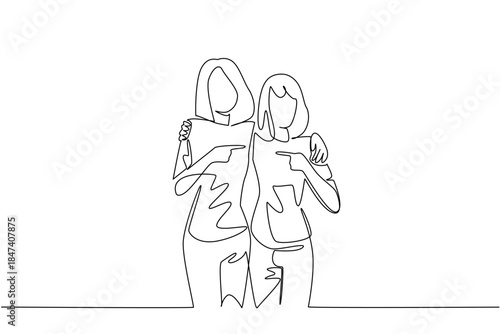 One line drawing of two women pointing at each other while smiling, symbolizing unity and joy on National Best Friends Day, reflecting love, bonding, and social lifestyle concept.
