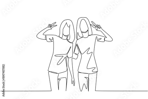 Minimalist single line drawing of two girls posing together showing peace signs for National Best Friends Day, capturing joy, togetherness, and youthful bonding in a lifestyle concept.