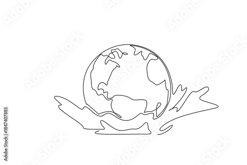 Single line drawing illustrates the Earth resting on ocean waves, symbolizing harmony between land and sea. It highlights a nature concept for World Oceans Day, raising global awareness.