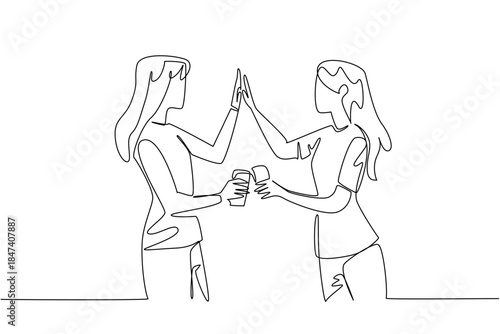 single line drawing of two women best friends celebrating National Best Friends Day with high five and drinks, symbolizing happiness, friendship, and connection in a social concept.