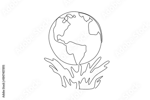 Continuous line drawing features Earth held by ocean waves, reflecting global unity and marine protection. A strong nature concept design for World Oceans Day, promoting sustainability.