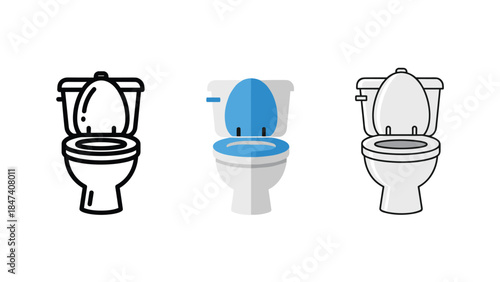 Toilets with lids up in different styles and colors, Generative AI.