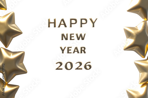 Scattered metallic-gold star confetti floating and resting lightly across clean white background, centered serif “Happy New Year 2026” with refined spacing, gentle natural shadows from confetti pieces
