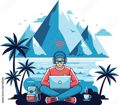 Remote worker enjoying tropical getaway with laptop and coffee