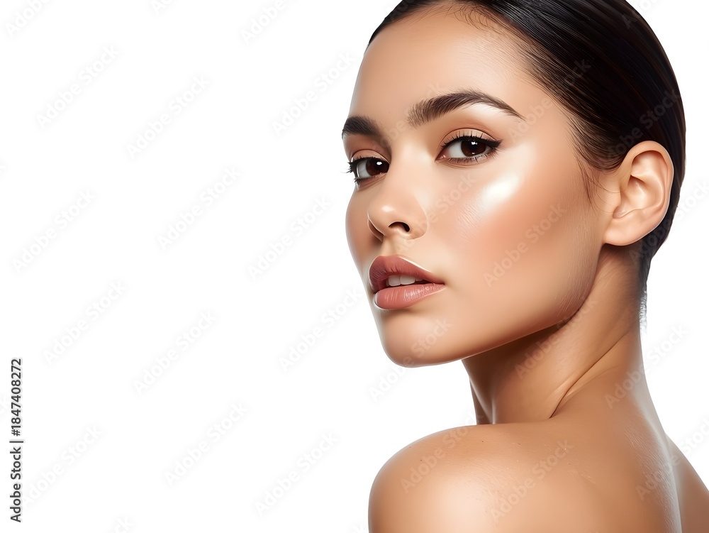 Fototapeta premium Beautiful young Latina woman with glowing, ultra-dewy skin and elegant natural makeup, embodying fresh beauty and health for a cosmetic advertisement