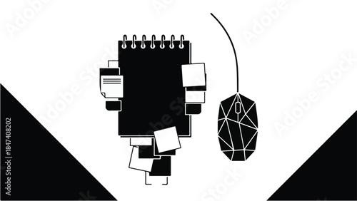 Geometric robot and mouse computer illustration with abstract shapes and lines on white background for technology and innovation concept