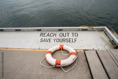 Word Reach Out To Save Yourself with life preserver ring 