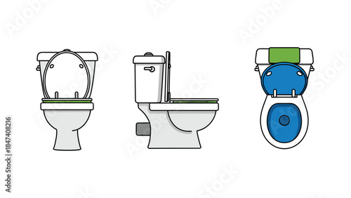 Toilets with different parts highlighted in green and blue, Generative AI.