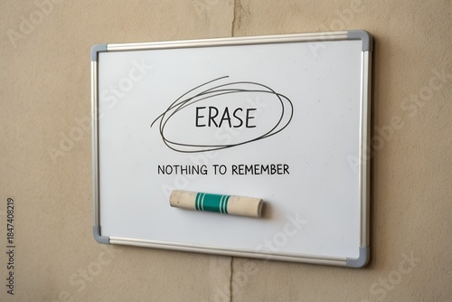 Whiteboard with erase message on wall, Nothing To Remember
