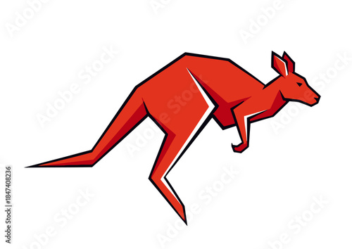 A stylized red kangaroo illustration in a dynamic jumping pose.