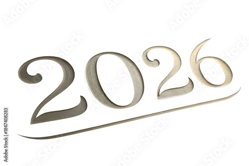 Ultra-minimal 3D embossed “2026” pressed into matte white background, clean sculpted edges, soft metallic-gold drop shadow creating elegant contrast, extremely subtle depth