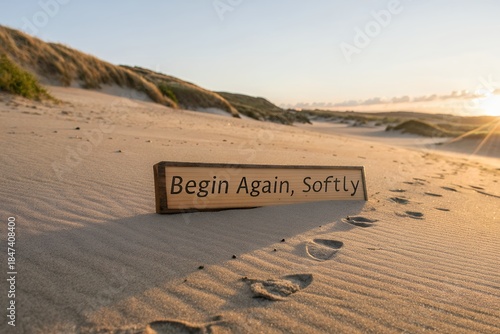 Wooden sign on sandy beach with footprints and inspirational quote Begin Again Softly