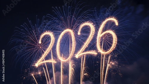 Bright fireworks forming the year 2026 against a dark sky with colorful sparks celebration