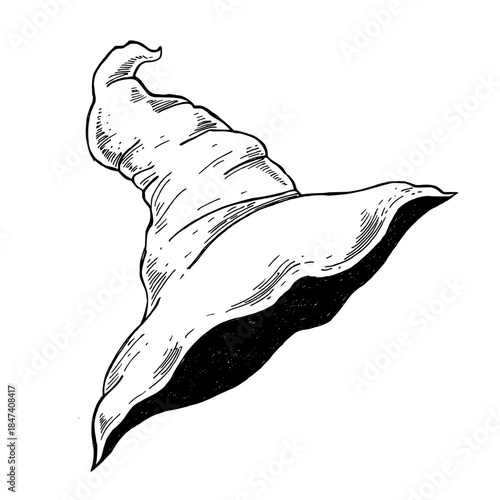 Witch hat vector in black and white hand drawn sketch style. Perfect for Halloween decoration or a magician wizard sorcerer costume element. Trick or treat holiday symbol illustration isolated on
