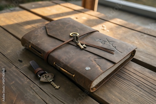 Worn leather journal with vintage keys on wooden surface